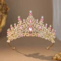 Gold rhinestone tiara crown bridal hair accessories princess birthday wedding hair band - Gold Pink