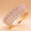 Luxury Baroque bridal crown with pink rhinestones, golden full-circle wedding tiara hair accessory. - Gold Pink