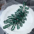 Exquisite bridal green rhinestone hair piece crystal leaf hair accessory for wedding. - Dark Green
