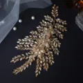 Exquisite gold rhinestone bridal hair piece detail, crystal leaf vine headpiece for wedding dress. - Champagne