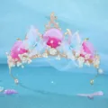 Ocean style pink shell blue butterfly tiara detail, rhinestone pearl wedding hair accessory. - Style 2
