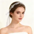 Bridal crystal leaf headband with pearls and white ribbon for wedding updo hair styling accessory - Headband Style