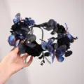 Gothic black rose flower crown with blue butterflies, perfect for Halloween parties and cosplay. - Butterfly