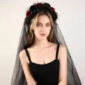 Elegant black rose mesh veil headband, perfect for Halloween, parties, and bridal photo props. - Integrated Headband Veil