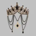 Gothic black rhinestone crown Lolita vintage headpiece with black cross and beaded chains. - Black