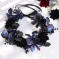 Gotische schwarze Rosen Blumenkrone Haarreif mit blauen Schmetterlingen fur Halloween Party - Girlande Modell C
