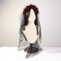 Diadema gótica negra con velo de rosas rojas, corona de flores para fiesta de cosplay. - Estilo Diadema Rosa Malla Encaje Negro Largo