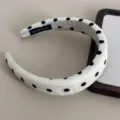 Classic black and white polka dot wide headband, high cranial top sponge hair accessory for women. - Polka Dot Headband / White