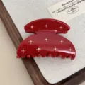 Red acetate hair claw clip with crystal rhinestones, medium semi-circular retro hair accessory for women. - Red