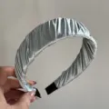 Silver pleated headband detail, stylish ruched hair hoop for women and girls daily wear. - Pleated Wide Headband - Light Blue