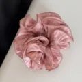 Pink bubble yarn hair scrunchie, sweet ruffled design, elegant hair accessory for women. - Ruffled Scrunchie / Pink