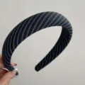 Detailed view of a chic black and gray striped wide fabric headband, elegant hair accessory. - Korean Headband - Blue Black Stripe