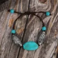 Vintage ethnic turquoise stone bracelet with silver metal beads and brown braided rope. - Irregular Geometric Style (B23-310)