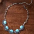 Vintage ethnic turquoise statement necklace for women, bohemian style alloy chain choker jewelry. - Silver Base Blue (C23-568 D3-F1)