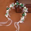 Bandeau de cheveux de mariée fait à la main avec perles blanches et perles vertes pour mariage. - Vert Sans Alliage