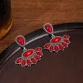 Boho vintage red stone drop earrings ethnic silver tone fashion accessories for women - Teardrop Fan Combination Red Stone Style (A23-845)