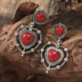 Bohemian retro red heart rhinestone dangle earrings vintage silver alloy jewelry for women - Double Layer Heart Rhinestone Red Stone Style (A23-822)