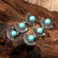Bohemian turquoise drop earrings detailed view, retro ethnic style fan metal jewelry for women. - Multi-Layer Fan Carved Turquoise Style (A23-809)