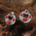 Vintage bohemian red stone carved circle alloy earrings detail, retro ethnic jewelry design. - Hollow Geometric Ring Red Stone Style (A23-830)