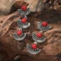 Bohemian retro ethnic red stone drop earrings, vintage silver fan shaped dangle earrings. - Multi-Layer Fan Carved Red Stone Style (A23-843)