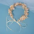Gold leaf floral headband handmade hair wreath pearl bridal hair accessory variant display - Fabric Floral Pearl Ribbon Embellished Style