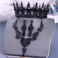 Detailed view of luxury black rhinestone bridal crown, necklace and earrings jewelry set. - Crown Necklace Earrings / Black