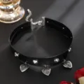 Punk style black PU leather choker necklace with metal rivets and heart pendant detail. - Heart Pendant