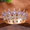 Stunning full-circle alloy crystal crown tiara with purple teardrop gems for bridal party. - Purple