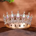 Stunning gold round crown tiara with sparkling rhinestones and iridescent crystals for bridal. - Colorful