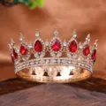 Gold crown bridal tiara with red teardrop rhinestones crystal vintage wedding hair accessories - Red