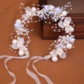 Bridal handmade floral pearl hair vine wedding hair band accessory with white ribbons for women. - Blue Headband