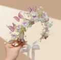 Bridal pearl butterfly hair vine handmade floral headband for wedding party hair accessories - Pink Purple