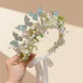 Handmade butterfly pearl hair vine bride wedding hair accessory floral headpiece elegant bridal hairband - Blue