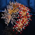 Luxury gold pearl red crystal bridal headband handmade leaf hair hoop for party dress updo - Red