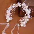 Handmade bridal hair vine with pearls, chiffon flowers, rhinestones, and long ribbons for wedding. - Gold Headband