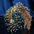 Elegant gold wire bridal headband with green crystal leaves, pearls and sparkling rhinestones. - Green