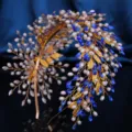 Handmade luxury pearl rhinestone headband with golden leaves, perfect for party styling. - Blue