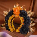Gothic Halloween floral headband detail, featuring black and orange roses with golden leaves. - Black Orange Rose Gold Leaf Style (Style 4)