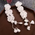 Handcrafted white floral long tassel earrings bridal wedding ear cuff fashion jewelry accessories - Flower Hairband Ear Hook Hoop (FD1089) / White