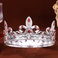 Silver round crown with red gems, baroque style tiara for bridal wedding pageant and party. - Silver Red