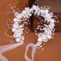 Bridal pearl flower hair vine wedding headband with white ribbon hair accessories 1pc - Silver Hair Vine
