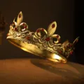 Baroque vintage gold round crown with red rhinestones, elegant bridal headpiece variant. - Gold Red