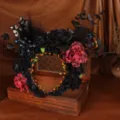 Gothic black rose floral headband, dark Halloween style headpiece for photography photo shoot - Black Rose Red Peony Feather Skull Wing Style (Style 7)