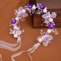 Serre-tête de mariée floral violet fait main avec perles et rubans pour coiffure de mariage. - Bandeau Violet