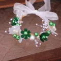 Bandeau de cheveux de marie florale fait main avec perles et ruban pour mariage et fete. - Bracelet Vert