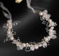 Serre-tête de mariée en perles et fleurs, accessoire de cheveux fait main avec rubans fins. - Or Sans Alliage