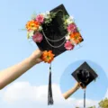 Black graduation cap with floral decor pearls tassel variant graduation party hat style - Style 5