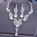 Bridal rhinestone crystal necklace and earrings set in silver tone, elegant wedding jewelry. - Necklace + Earrings / White