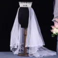 Luxury bridal crown and veil set, sparkling rhinestone tiara with elegant white wedding tulle. - Veil + Necklace + Earrings / White