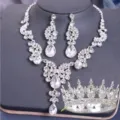 Bridal rhinestone crown necklace earrings set luxury wedding jewelry accessories for women - Crown Necklace Earrings / Silver